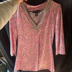 INC International Concepts Pink and Orange Graphic Embellished Blouse